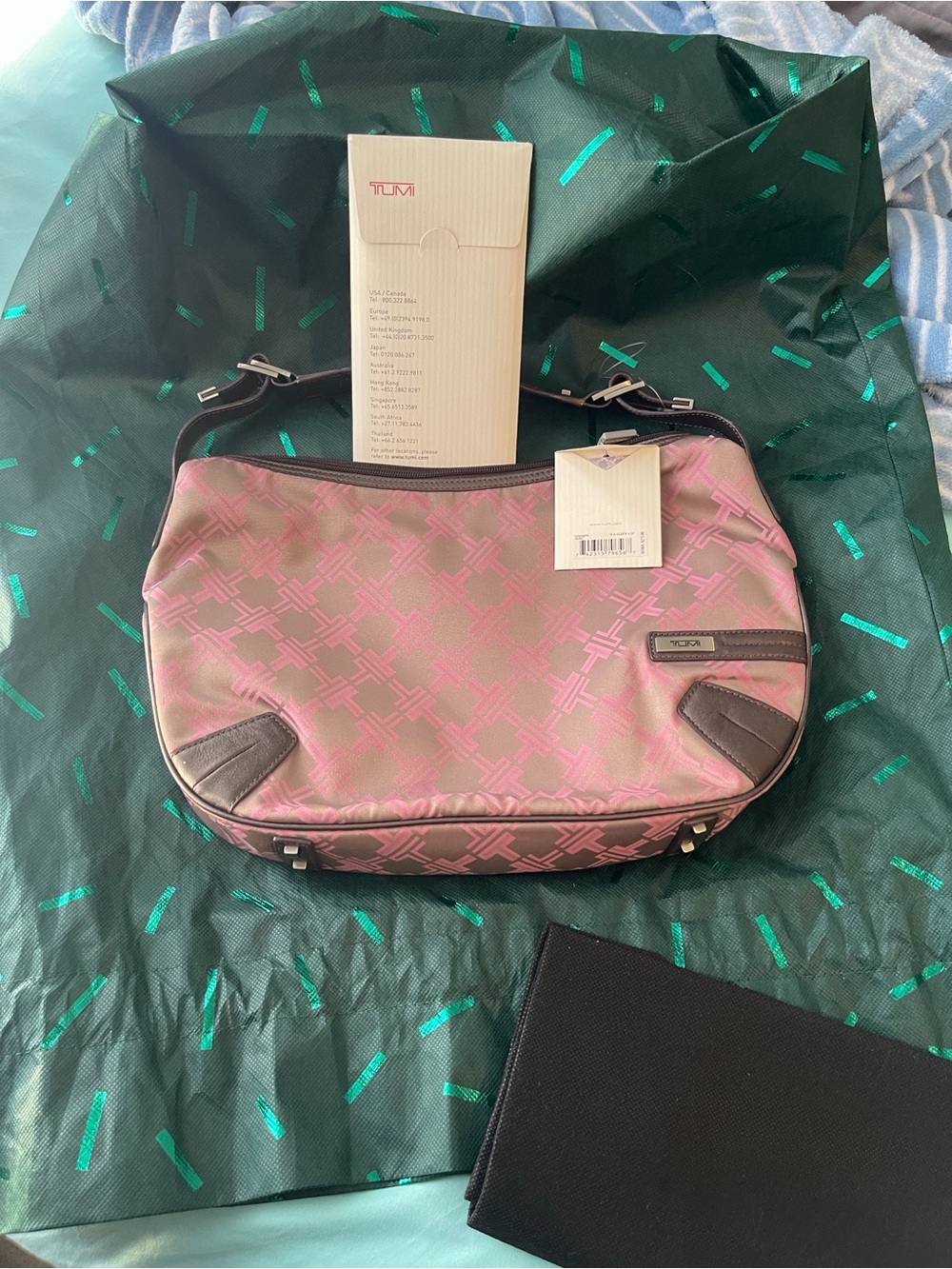 Tumi Pink Jacquard Shoulder Bag with Brown Trim